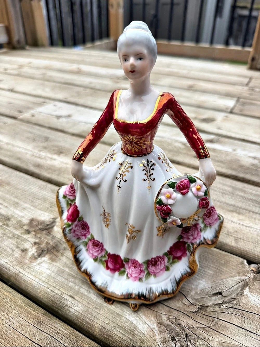 Vintage Porcelain Lady Figurine Red Gold Bodice Floral Rose Dress Fan China 10”